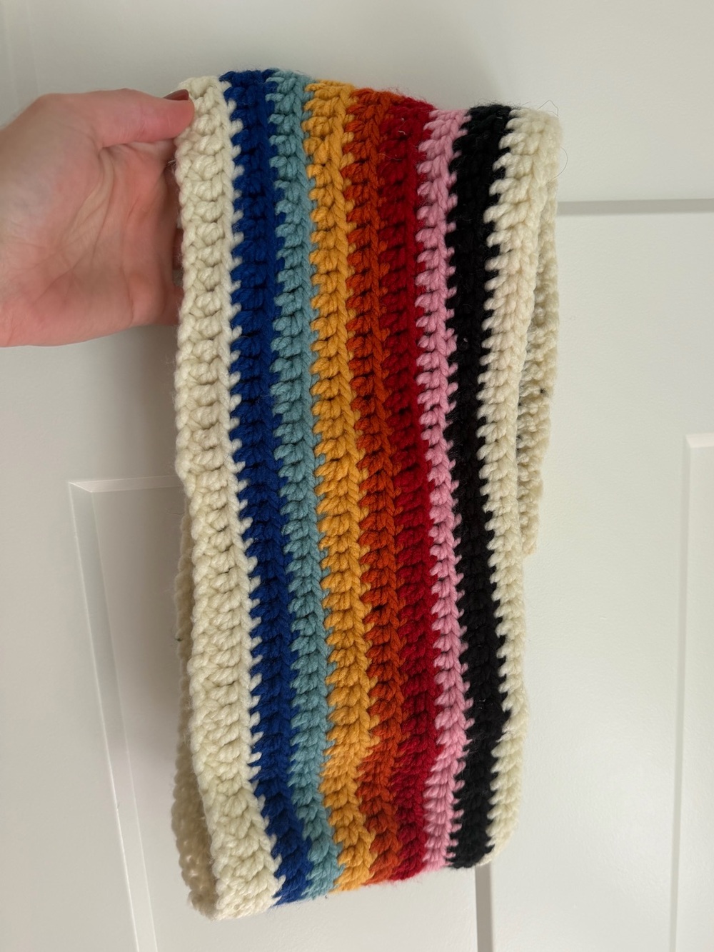 Handmade Crocheted Stripe Infinity Scarf - Cream with Rainbow Colors